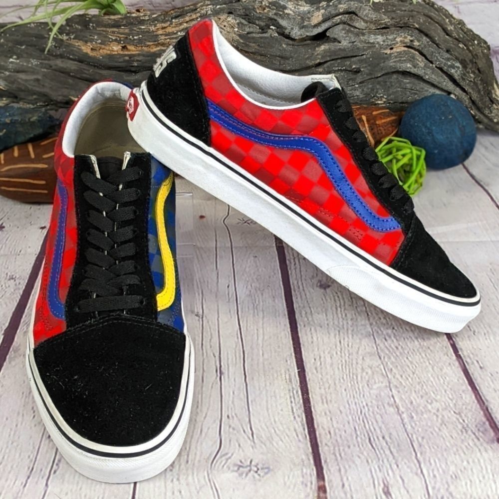 Vintage Vans Old Skool OTW Rally Red & Blue Checkerboard Skate Shoes Sneakers